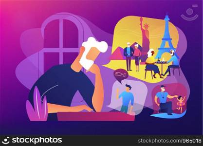 Lonely single grandfather suffering from depression, sadness. Social isolation, old people loneliness, isolation among the elderly concept. Bright vibrant violet vector isolated illustration. Social isolation concept vector illustration