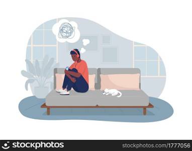 Lonely teen boy at home 2D vector isolated illustration. Unhappy kid sitting on couch. Depressed child in headphones flat characters on cartoon background. Teenager problem colourful scene. Lonely teen boy at home 2D vector isolated illustration