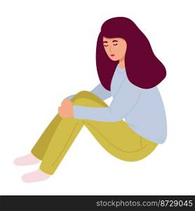 Lonely young girl sitting on floor and cover her face with arms. Sad child is crying. Female character feels depression, sorrow, grief. Concept of mental disorder or illness. Vector illustration. Lonely young girl sitting on floor . Sad child is crying. Female character feels depression, sorrow, grief. Concept of mental disorder or illness. Vector illustration