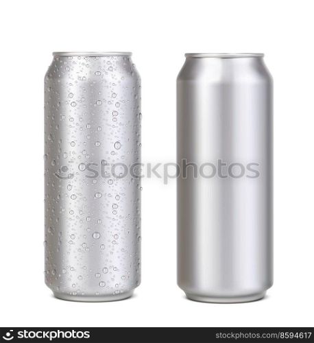 Long aluminium can with water drops, silver beer, soda or lemonade juice, coffee or energy drink mockup. Realistic vector aluminum cans with fresh cold water drops condensation for drink packaging. Long aluminium can with water drops, beer or soda