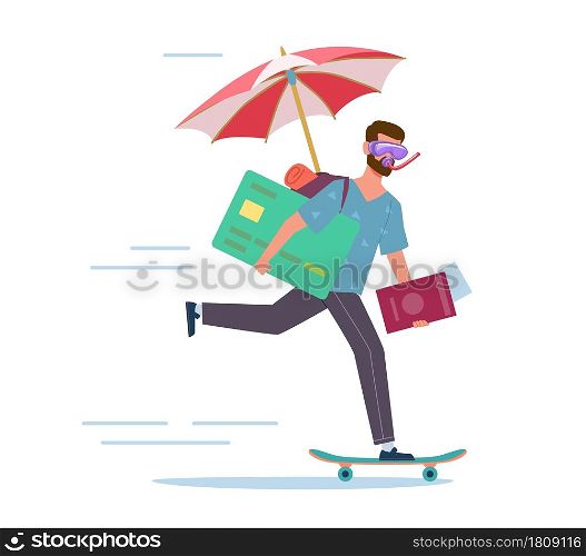 Long-awaited vacation. Cartoon man is in hurry to rest. Happy character riding skateboard. Worker in diving mask carrying umbrella and credit card. Traveler running to summer beach. Vector concept. Long-awaited vacation. Man is in hurry to rest. Happy character riding skateboard. Worker in diving mask carrying umbrella and credit card. Traveler running to beach. Vector concept