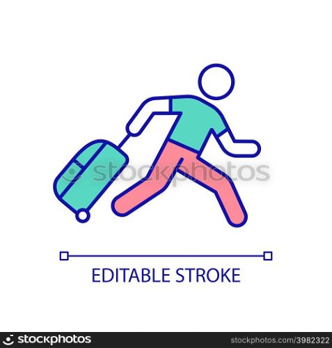 Long-awaited vacation RGB color icon. Running man with suitcase. Last minute ticket. Lating for flight. Isolated vector illustration. Simple filled line drawing. Editable stroke. Arial font used. Long-awaited vacation RGB color icon
