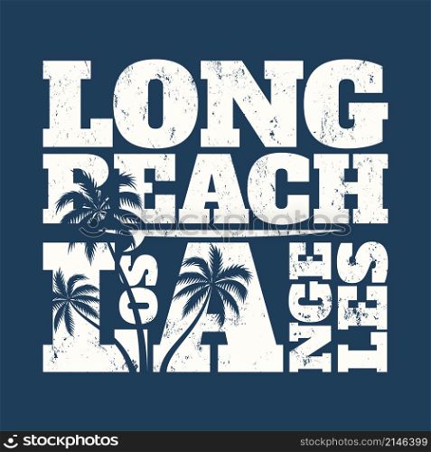 Long Beach tee print with surfboard and palms. T-shirt design, graphics, stamp, label, typography.. Long Beach tee print with surfboard and palms. T-shirt design, g