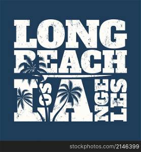 Long Beach tee print with surfboard and palms. T-shirt design, graphics, stamp, label, typography.. Long Beach tee print with surfboard and palms. T-shirt design, g