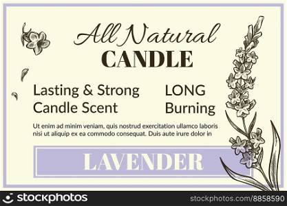 Long burning, lasting strong candle scent, all natural ingredients and organic lavender scent. Fragrance and aroma. Monochrome sketch outline, package for product. Promo banner, vector in flat style. All natural candle, lasting and strong scents