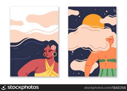 Long female hair. Wavy women hairstyle in nature silhouette, beautiful characters, femmes in swimsuit and bikini, summer time. Pretty girl portraits day and night backdrop. Vector posters or cards set. Long female hair. Wavy women hairstyle in nature silhouette, beautiful characters, femmes in swimsuit and bikini, summer time. Pretty girl portraits day and night backdrop. Vector set