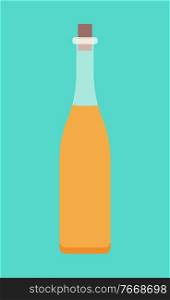 Long glass bottle full of golden colored liquid. Container of viscous substance closed by plug. Vegetable oil produced by plants and used in cooking and food preparation. Vector illustration in flat. Vegetable Oil in Glass Bottle, Liquid for Cooking