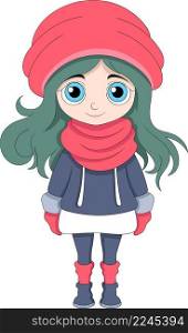 Long haired girl is wearing winter clothes at Christmas, cartoon character design