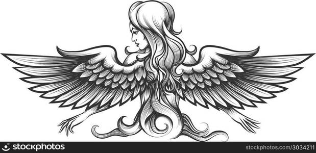 Long haired woman with angel wings drawn in engraving style. Vector illustration.. Woman with wings engraving illustration