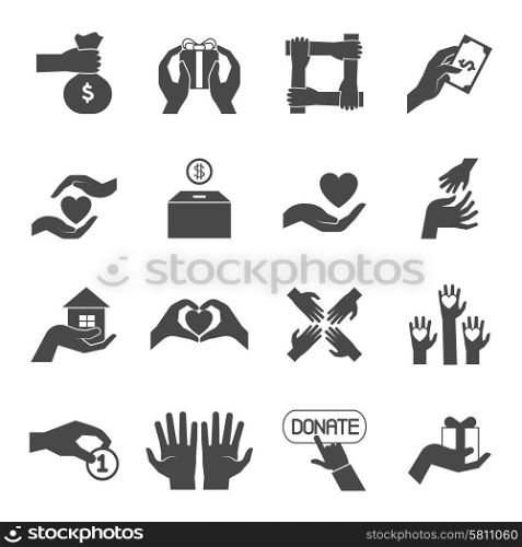 Long hands giving black icons set. Long hands giving help love and support black icons set for charity project abstract vector isolated illustration