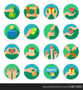 Long hands giving flat icons set. Long giving hands donations and fund raising organizations symbols flat round icons set abstract vector isolated illustration