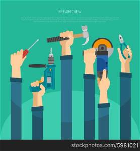 Long hands holding housework and repair tools flat vector illustration. Hands With Tools