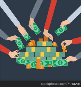 Long hands money grabbing flat poster. Grabbing and taking hold on money long hands pictograms radial composition flat background poster abstract vector illustration