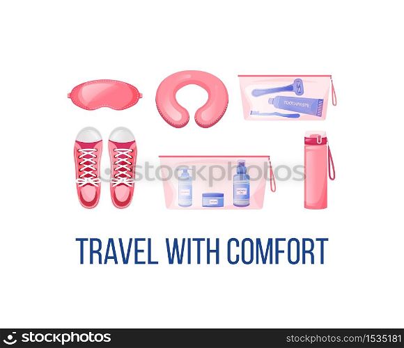 Long haul flight essentials social media post mockup. Travel with comfort phrase. Web banner design template. Booster, content layout with inscription. Poster, print ads and flat illustration. Long haul flight essentials social media post mockup