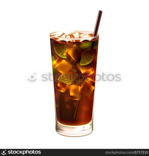 Long island ice tea realistic cocktail in glass with drinking straw isolated on white background vector illustration