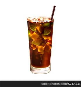 Long island ice tea realistic cocktail in glass with drinking straw isolated on white background vector illustration
