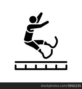 Long jump black glyph icon. Athletes compete jumping for distance. Horizontal jump. Track and field sports. Sportsman with prosthesis. Silhouette symbol on white space. Vector isolated illustration. Long jump black glyph icon