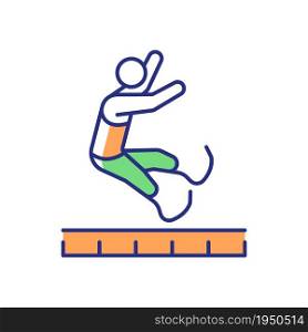 Long jump RGB color icon. Athletes compete jumping for distance. Horizontal jump. Track and field sports. Sportsman with prosthesis. Isolated vector illustration. Simple filled line drawing. Long jump RGB color icon