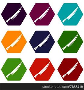 Long knife icon set many color hexahedron isolated on white vector illustration. Long knife icon set color hexahedron