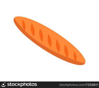 Long loaf baguette thin French bread made from basic lean dough vector illustration isolated on white background. Tasty crispy crust, food for snack. Long Loaf Baguette Thin French Bread Vector Icon