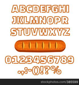 Long loaf cartoon alphabet with numbers isolated on white background. English font long loaf texture set collection vector illustration. Long loaf alphabet numbers vector illustration