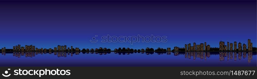 Long night landscape of a city with lighted lights reflected in water - Vector image