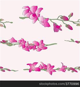 Long orchids pattern over light yellow background, horizontal composition
