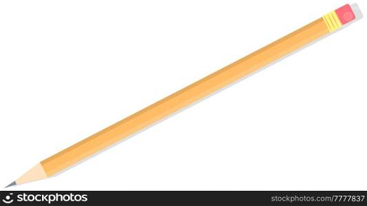 Long pencil with eraser. Sketching and painting tool on white background. Sharpened pencil for writing and working on paper. Vector illustration of orange pencil. Stationery for drawing pictures. Long pencil with eraser. Sketching and painting tool on white background. Sharpened pencil