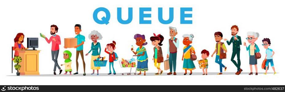 Long Queue In Food Store, Vector Banner Concept. Young And Old People Waiting In Queue, Line. Men, Women And Children Cartoon Characters. Shop Sale, Customer Service Flat Illustration. Long Queue in Food Store, Vector Banner Concept