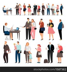 Long queue. Line of waiting people with children on reception or cashier and man at desk, vector illustration. Long queue line