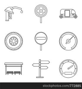 Long road icons set. Outline set of 9 long road vector icons for web isolated on white background. Long road icons set, outline style