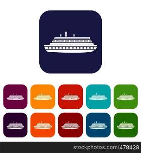 Long ship icons set vector illustration in flat style in colors red, blue, green, and other. Long ship icons set
