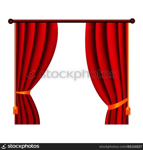 Long silk red theater curtain hangs on cornice on white background. Luxury scarlet silk curtain on curtain-rod. Theatre, banquet and concert hall decoration icon isolated vector illustration.. Long Silk Red Theater Curtain Hangs on Cornice