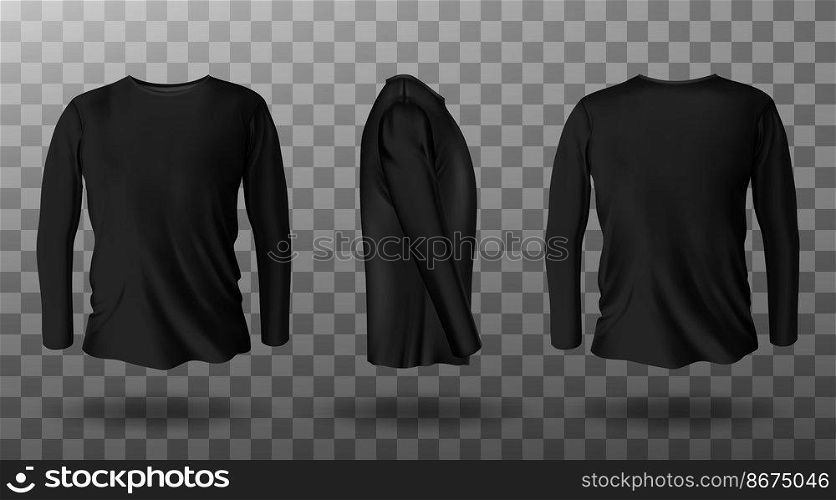 Long sleeve t-shirt for man front, side and back view. Vector realistic mockup of male black tee, sweater, sport or casual apparel with round neck isolated on transparent background. Realistic mockup of black long sleeve t-shirt