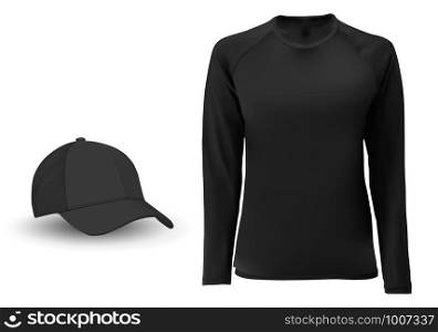Long sleeve tshirt blank. Sport cap 3d model. Black blank design. Front view. Women soccer tracksuit. Basketball apparel mock up. Modern casual or sportswear isolated clothes. Casual hat vith visor. Long sleeve tshirt blank. Sport cap 3d model. Polo
