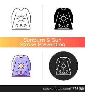 Long sleeves and loose clothing icon. Female outfit for summer weather. Heatstroke prevention. Fabric for UV protection. Linear black and RGB color styles. Isolated vector illustrations. Long sleeves and loose clothing icon