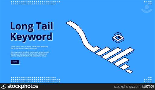Long tail keyword banner with isometric icons on blue background. Vector landing page of SEO optimization service with line art illustration of analytics graph. Long tail keyword banner with isometric graph
