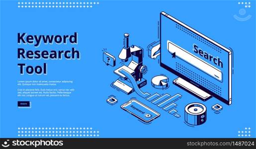 Long tail keyword isometric landing page. Seo research tool curve graph and browser on pc desktop computer monitor. Engine optimization, analysis service 3d vector illustration, web banner, line art. Long tail keyword isometric landing page, banner