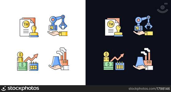 Long term business investments light and dark theme RGB color icons set. Machinery owning and plants ownership. Isolated vector illustrations on white and black space. Simple filled line drawings pack. Long term business investments light and dark theme RGB color icons set