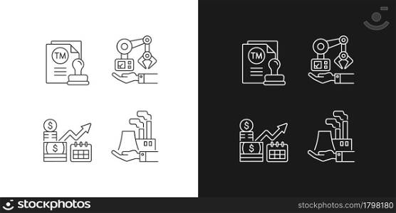 Long term business investments linear icons set for dark and light mode. Machinery owning and plants ownership. Customizable thin line symbols. Isolated vector outline illustrations. Editable stroke. Long term business investments linear icons set for dark and light mode