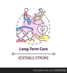 Long term care concept icon. Service for mental health. Trend in psychology abstract idea thin line illustration. Isolated outline drawing. Editable stroke. Arial, Myriad Pro-Bold fonts used. Long term care concept icon