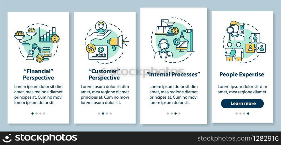 Long-term goals onboarding mobile app page screen with concepts. Customer perspective. Business building walkthrough 4 steps graphic instructions. UI vector template with RGB color illustrations