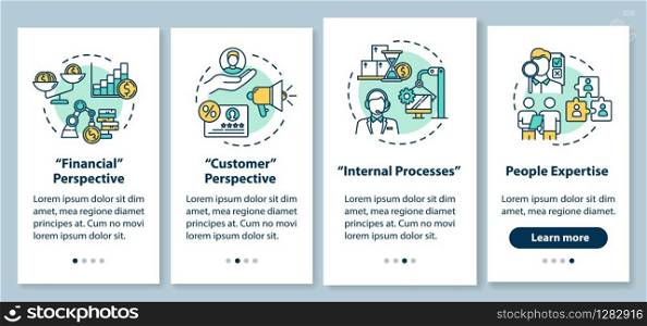 Long-term goals onboarding mobile app page screen with concepts. Customer perspective. Business building walkthrough 4 steps graphic instructions. UI vector template with RGB color illustrations