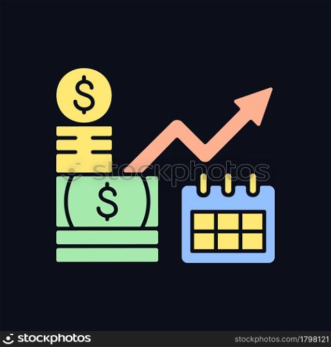 Long term investment RGB color icon for dark theme. Financial planning and goals achievement. Capital stock. Isolated vector illustration on night mode background. Simple filled line drawing on black. Long term investment RGB color icon for dark theme