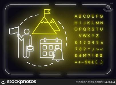 Long-term strategy neon light concept icon. Building goals. Organize schedule. Smart planning idea. Outer glowing sign with alphabet, numbers and symbols. Vector isolated RGB color illustration