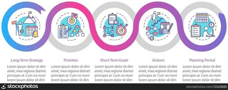 Long-term strategy vector infographic template. Achieving goals presentation design elements. Data visualization with 5 steps. Process timeline chart. Workflow layout with linear icons