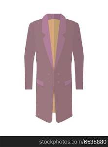 Long topcoat with lapel icon. Warm mans everyday clothing in classic style flat vector illustration isolated on white background. For clothing store ad, fashion concept, app button, web design. Long Coat Flat Style Vector Illustration. Long Coat Flat Style Vector Illustration