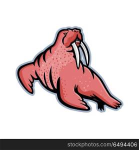 Long-tusked Walrus Mascot. Mascot icon illustration of a male mustached and long-tusked Atlantic or Pacific walrus, a large flippered marine mammal viewed from side on isolated background in retro style.. Long-tusked Walrus Mascot