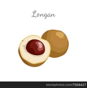 Longan exotic juicy fruit whole and cut. Plant related to litchi vector poster with frame and place for text. Tropical food, dieting vegetarian grocery. Longan Exotic Juicy Fruit Plant Related to Litchi