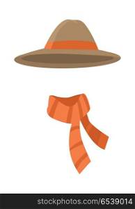 Longedged Brown Hat with Long Orange Stripe Vector. Hat. Longedged brown hat with long orange stripe. Orange scarf with brown lines twisted on the right . White background. Set of icons of winter unisex clothing. Flat design. Vector illustration